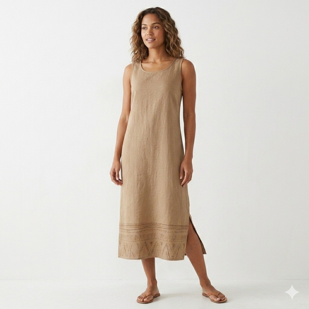Outfit JPR Artsy Lagenlook Tan Linen Beaded Tribal Hem Sleeveless Maxi Dress M